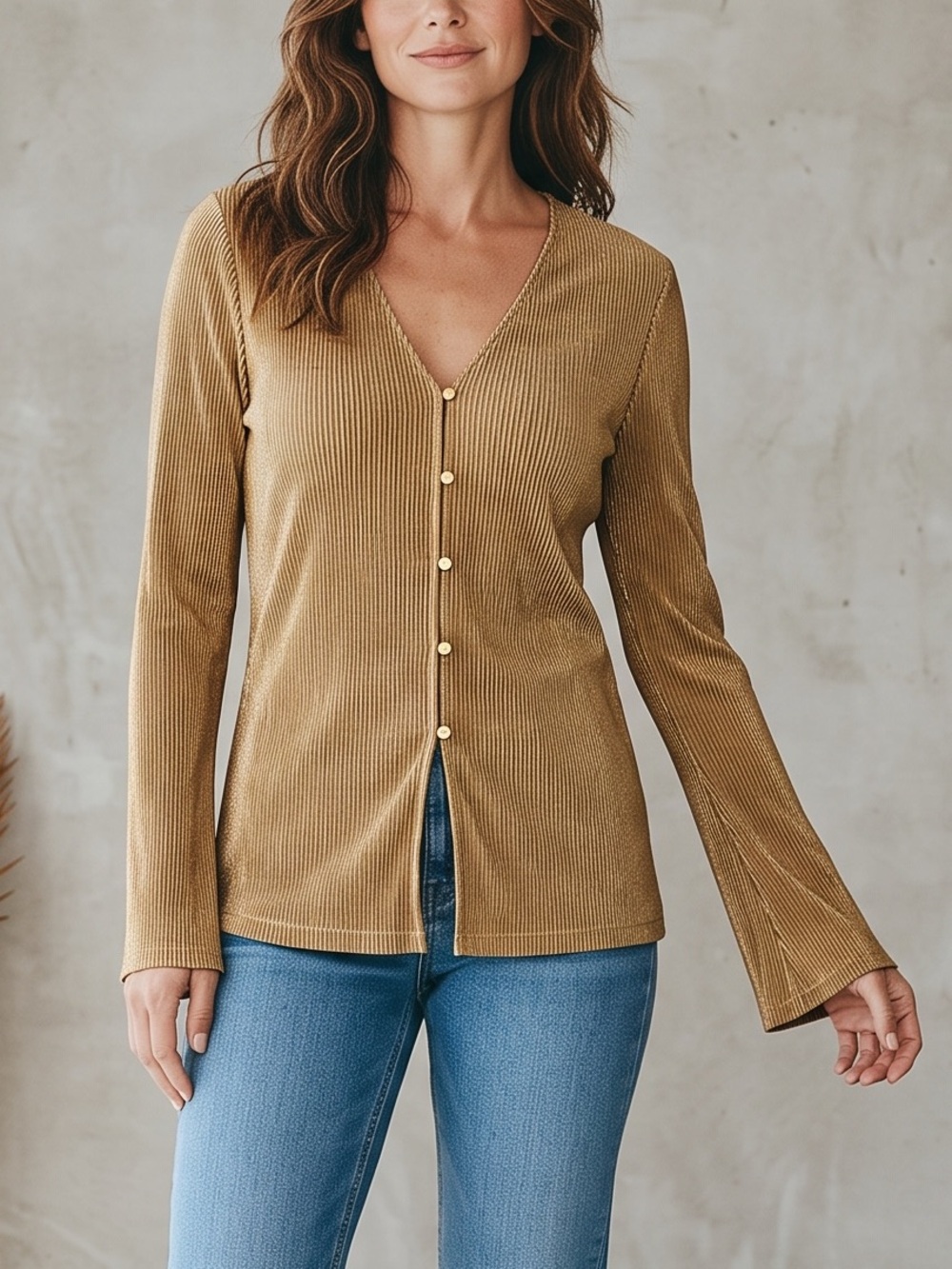MICHAEL KORS Gold Metallic Plisse Micro Pleated V-Neck Button Front Blouse Top